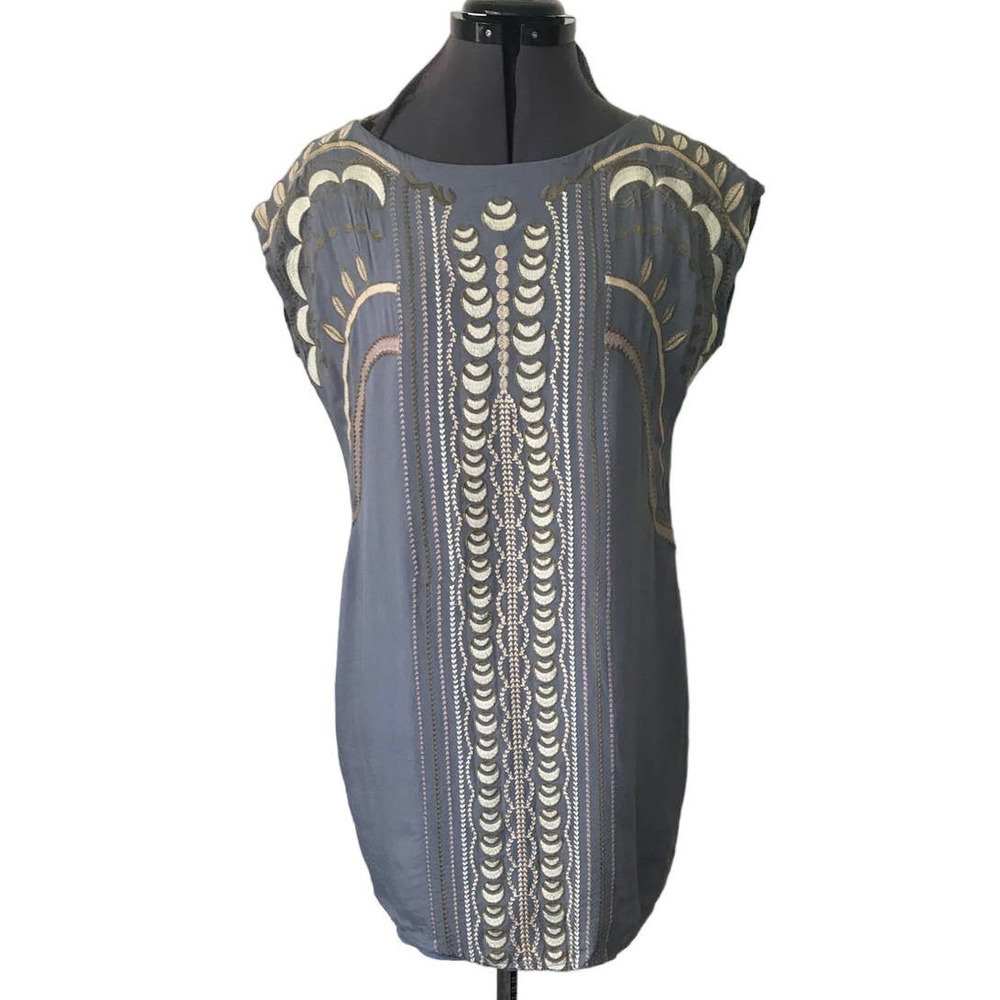 Ark & Co Dusty Blue Embroidered Shift Cap Sleeve Tunic Mini Dress • Boho 🗣